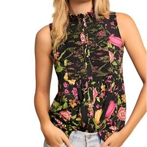 Anthropologie Akemi+Kin Christine Ruffled Smocked Floral Top Blouse Black Size S